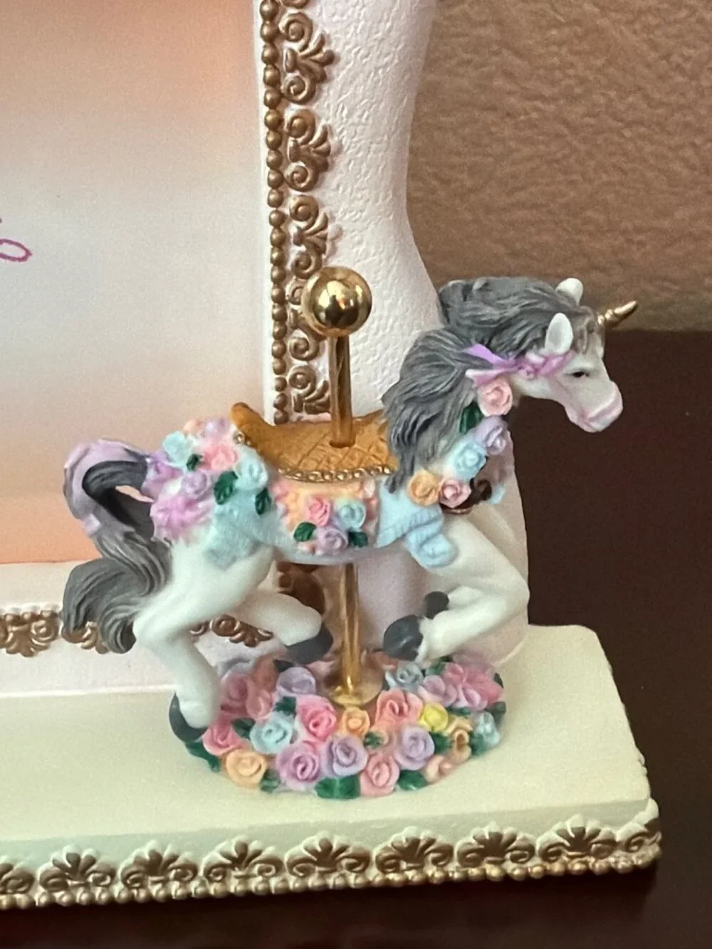 HERCO Carousel Unicorn Photo Frame Pastel Floral Roses Nursery Decor NOS